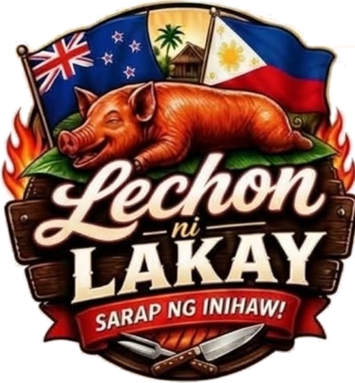Lechon ni Lakay logo: a roast pig on banana leaves in front of the New Zealand and Philippine flags, with the words Sarap ng inihaw