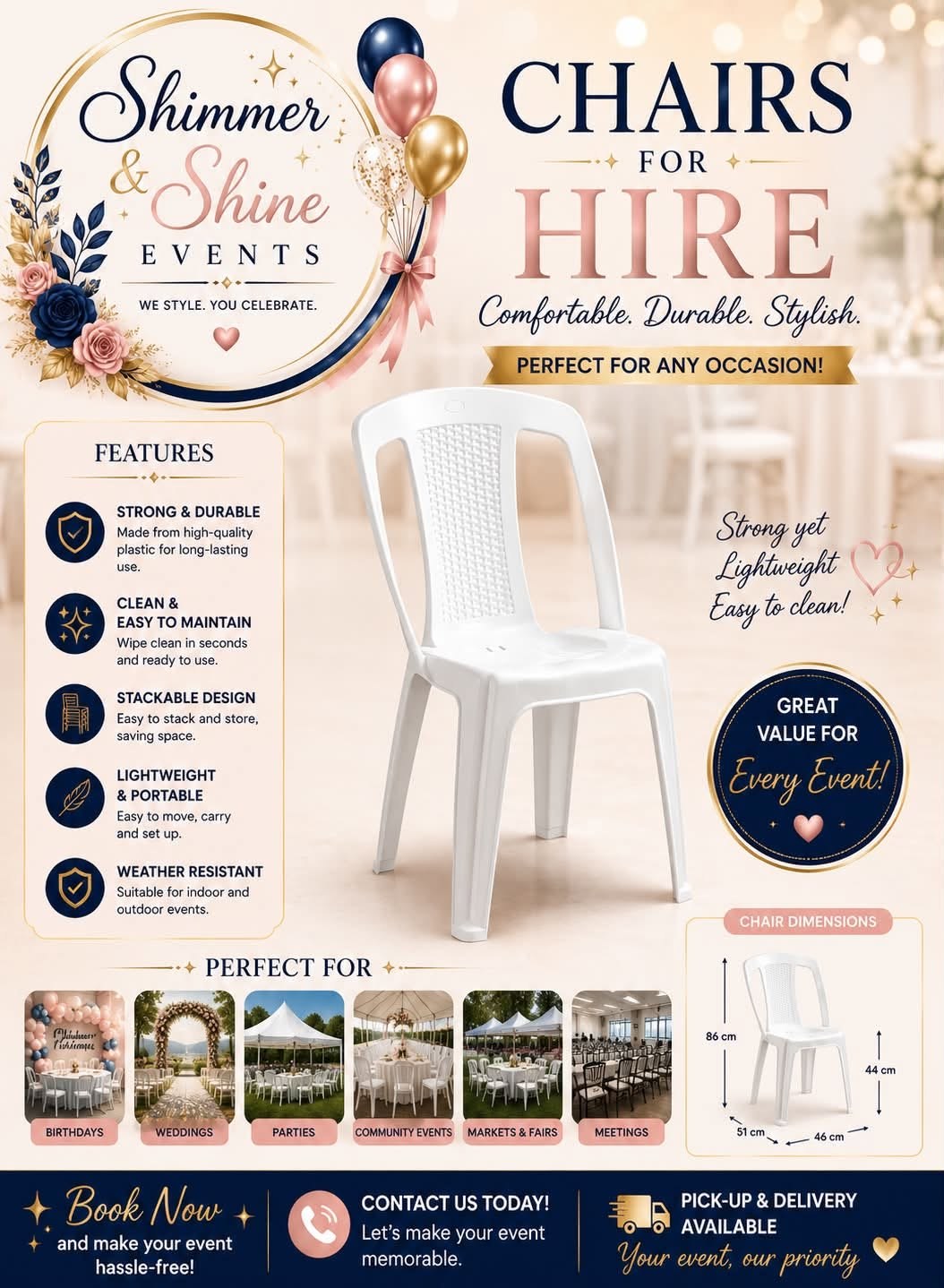 Chairs for hire flyer: white stackable plastic chair, features, dimensions, and Shimmer and Shine contact details