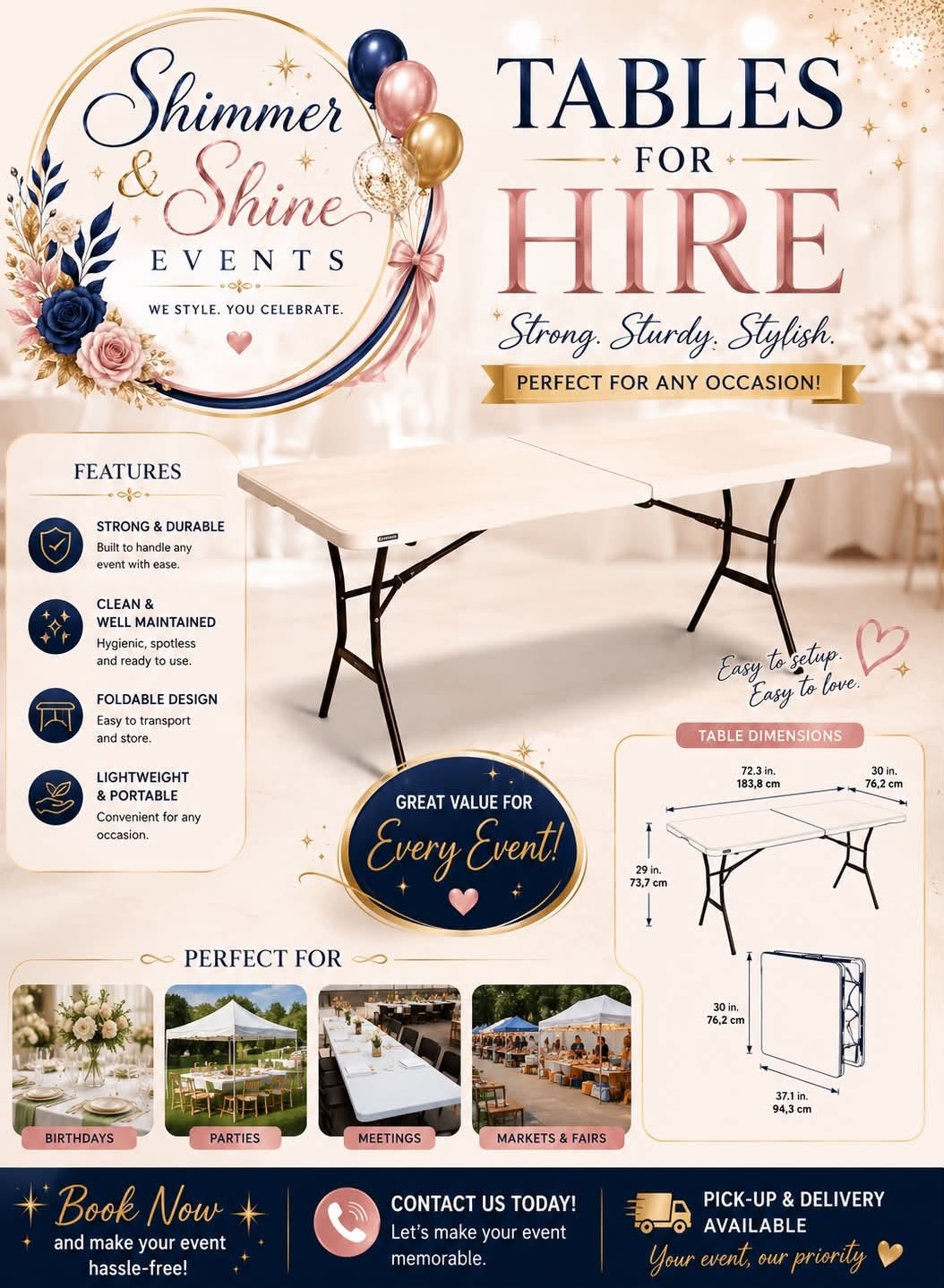 Tables for hire flyer: cream foldable table, features, dimensions, and Shimmer and Shine contact details